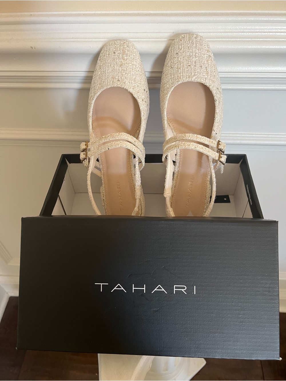 Biege & Gold Sequins Tweed Square-Toe Slingback Mary Jane Flats.